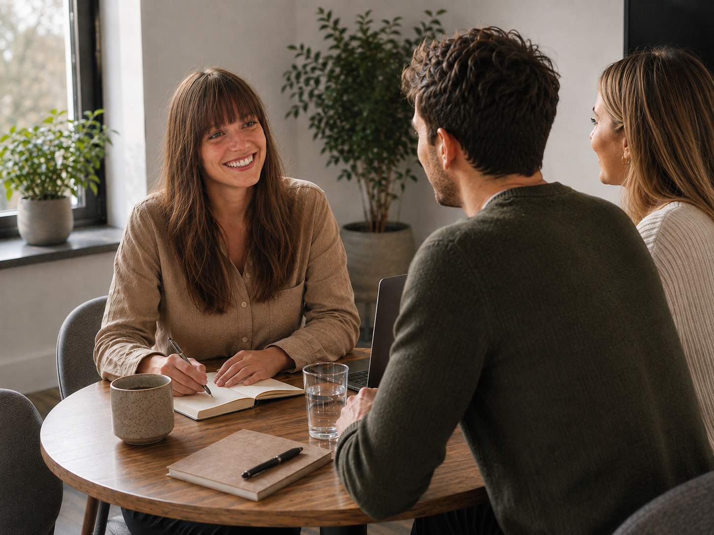Two people talking through a business goal together