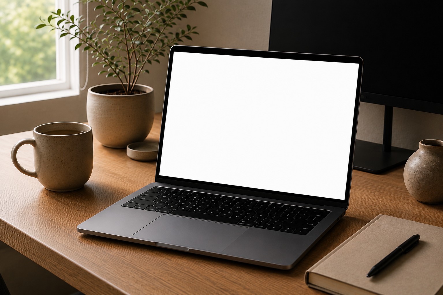 A laptop showing the real Claude interface on a clean desk